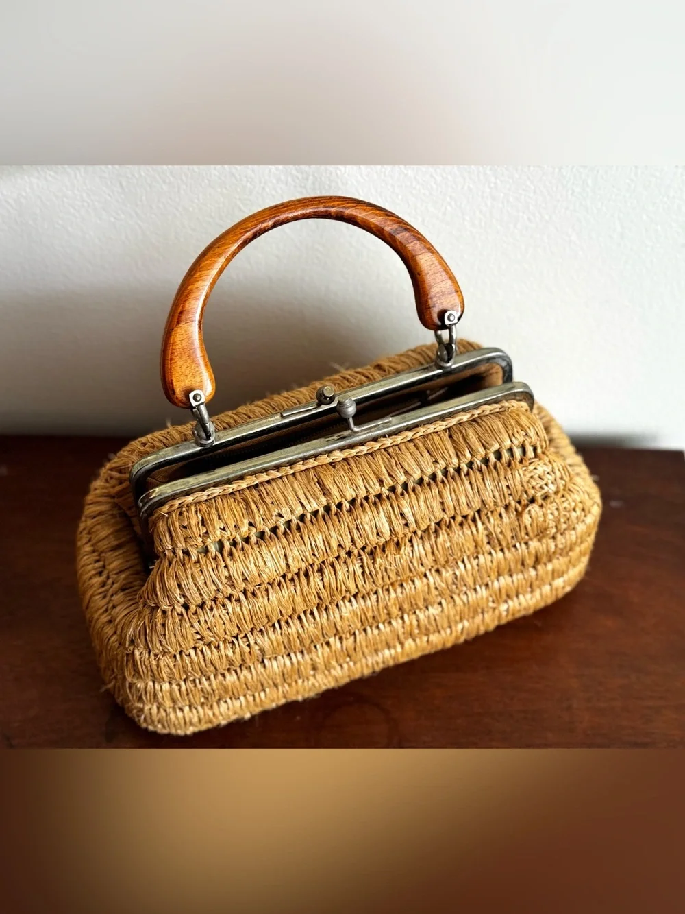 Vintage Woven Straw Top-Handle Bag in Natural Tan